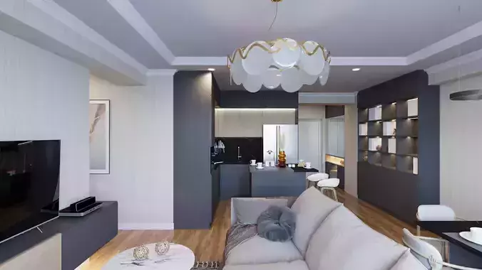 Livingroom living room and kitchen in modern apartment