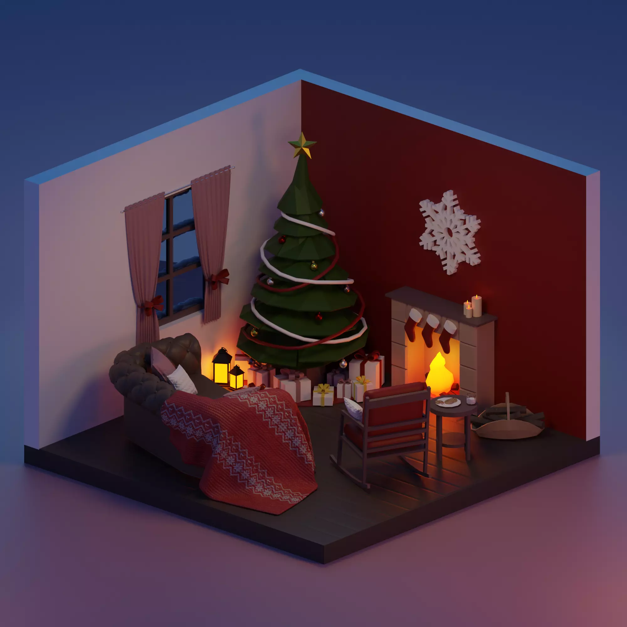 Christmas Living-room Low-poly 3D model_0
