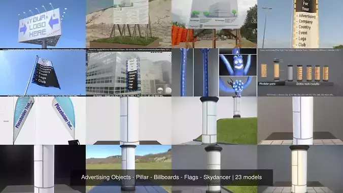 Advertising Objects - Pillar - Billboards - Flags - Skydancer 3D Model Collection
