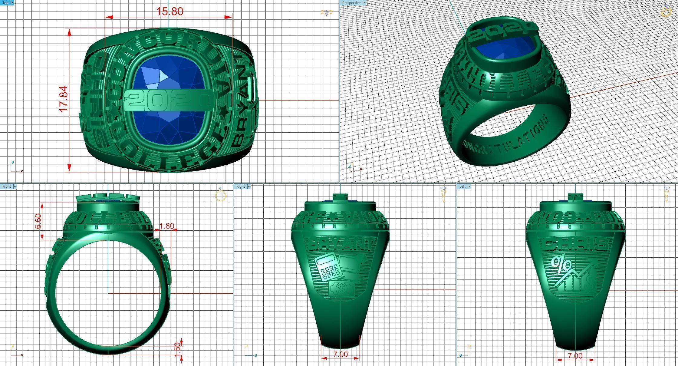 Personalized Class Ring  3 - Cushion Gemstone Bridge 3D print model_4