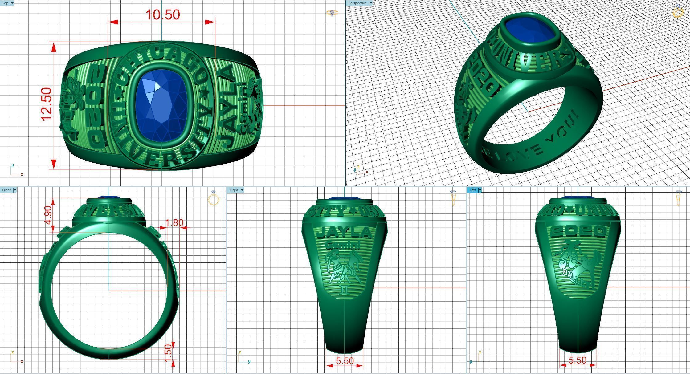 Personalized Class Ring 4 - Cushion Gem for Females 3D print model_4