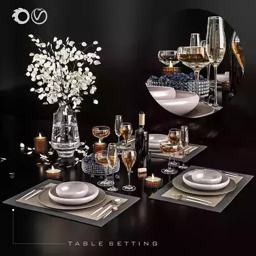 Tableware table setting with wine glasses and silverware