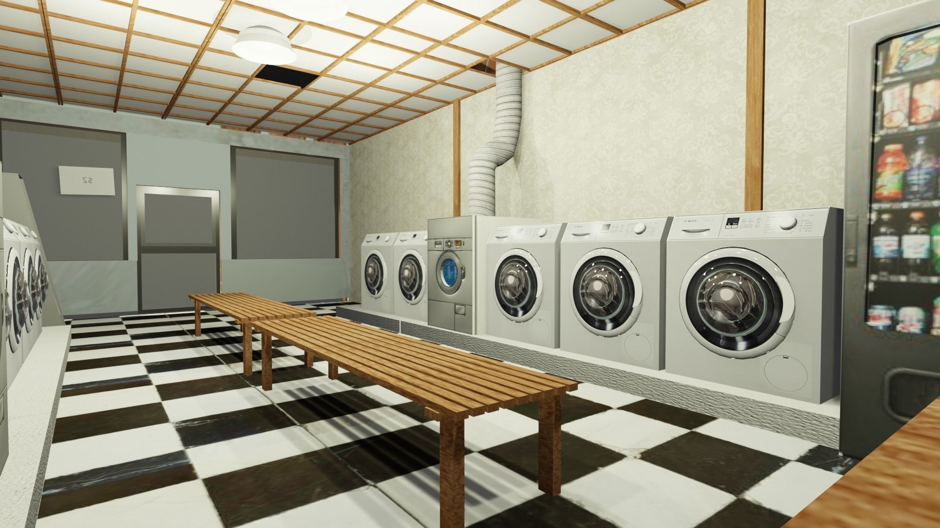 Laundromat Exterior with Interior Free low-poly 3D model_1
