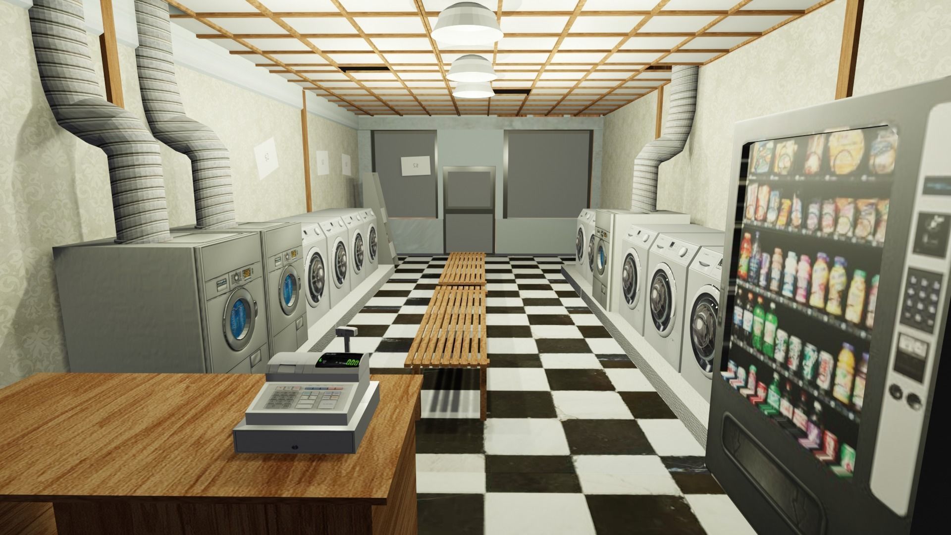 Laundromat Exterior with Interior Free low-poly 3D model_2