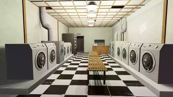 Laundromat Exterior with Interior Free low-poly 3D model