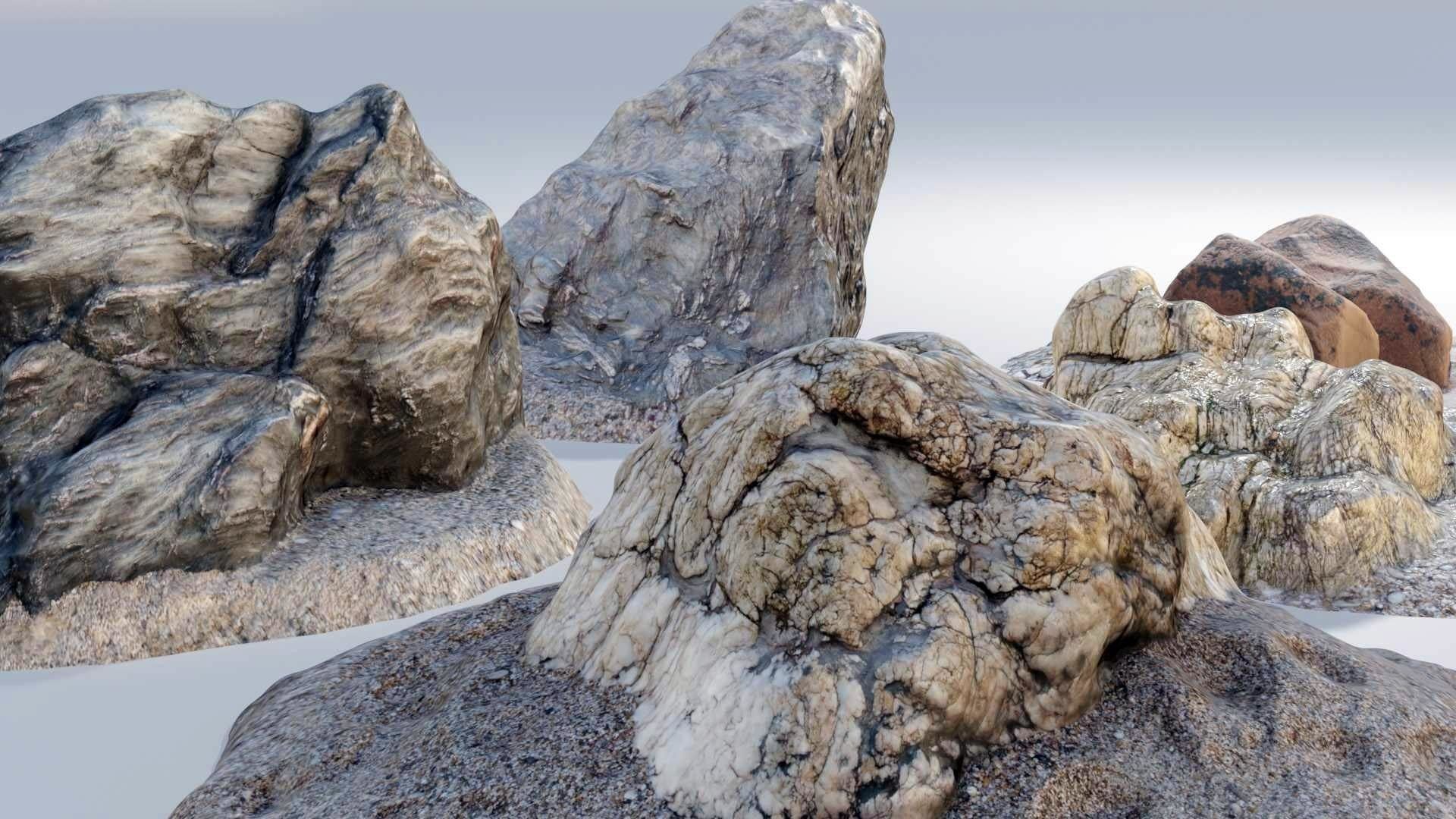 Beach Rocks - 5 Photo-Scanned - Clean Mesh - 4k PBR 5 Level LOD Low-poly 3D model_1