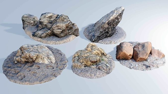 Beach Rocks - 5 Photo-Scanned - Clean Mesh - 4k PBR 5 Level LOD Low-poly 3D model
