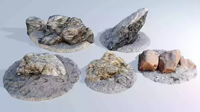 Beach Rocks - 5 Photo-Scanned - Clean Mesh - 4k PBR 5 Level LOD Low-poly 3D model
