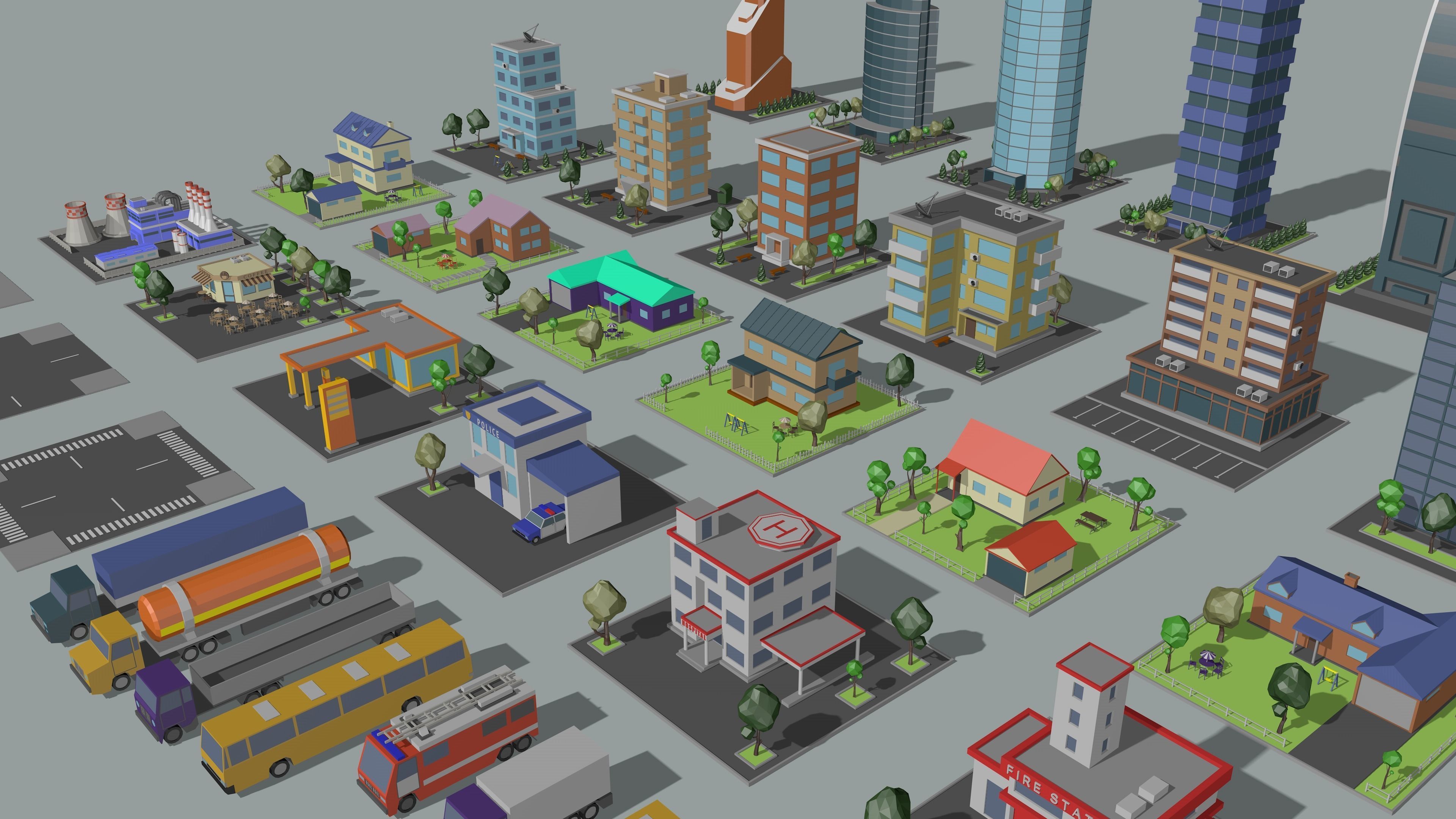 Cartoon low-Poly metropolis Low-poly 3D model_6