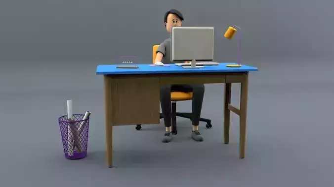 character person at desk and using computer