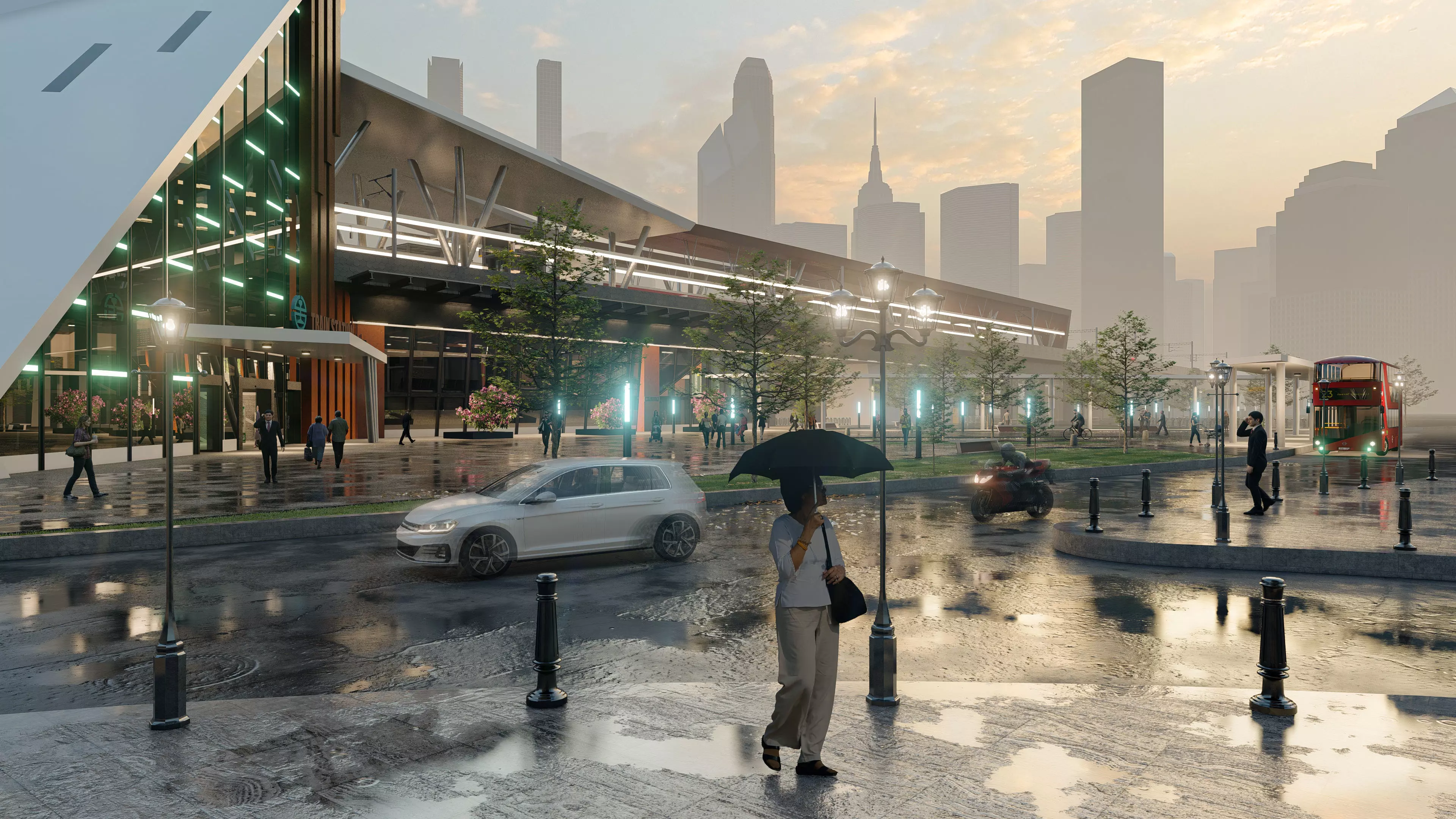 Multidiscipline Rail Station Design and Pedestrian Scene Low-poly 3D model