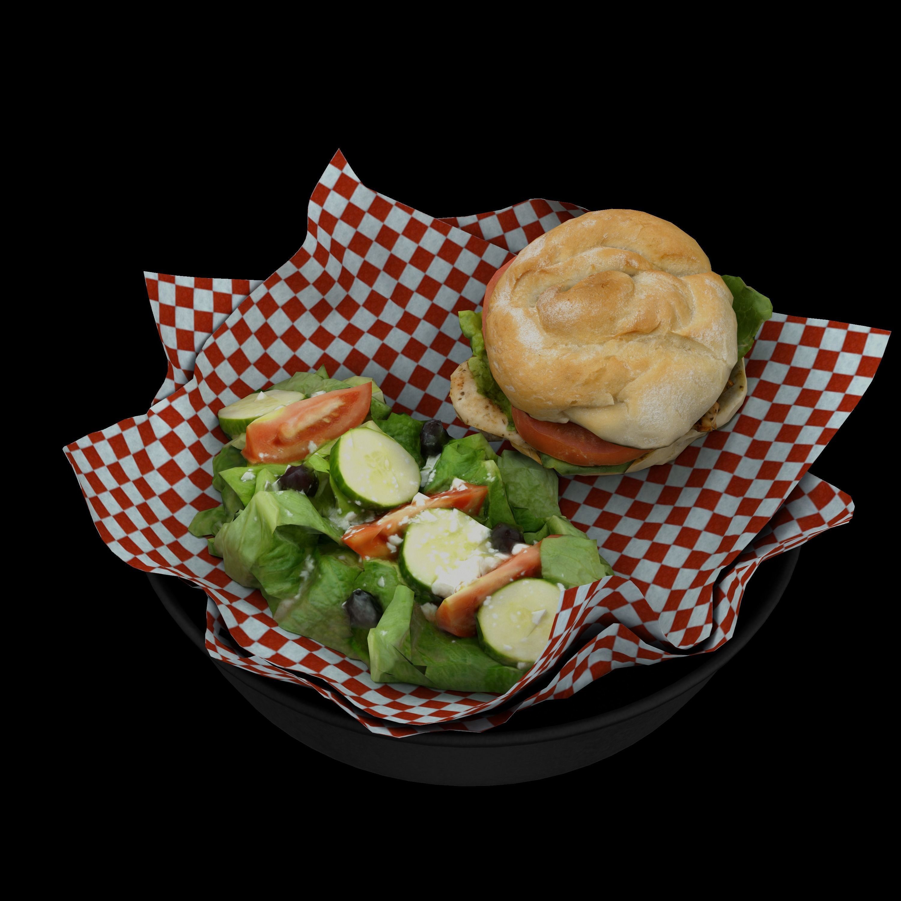 low poly model of burger with greek salad Low-poly 3D model_3