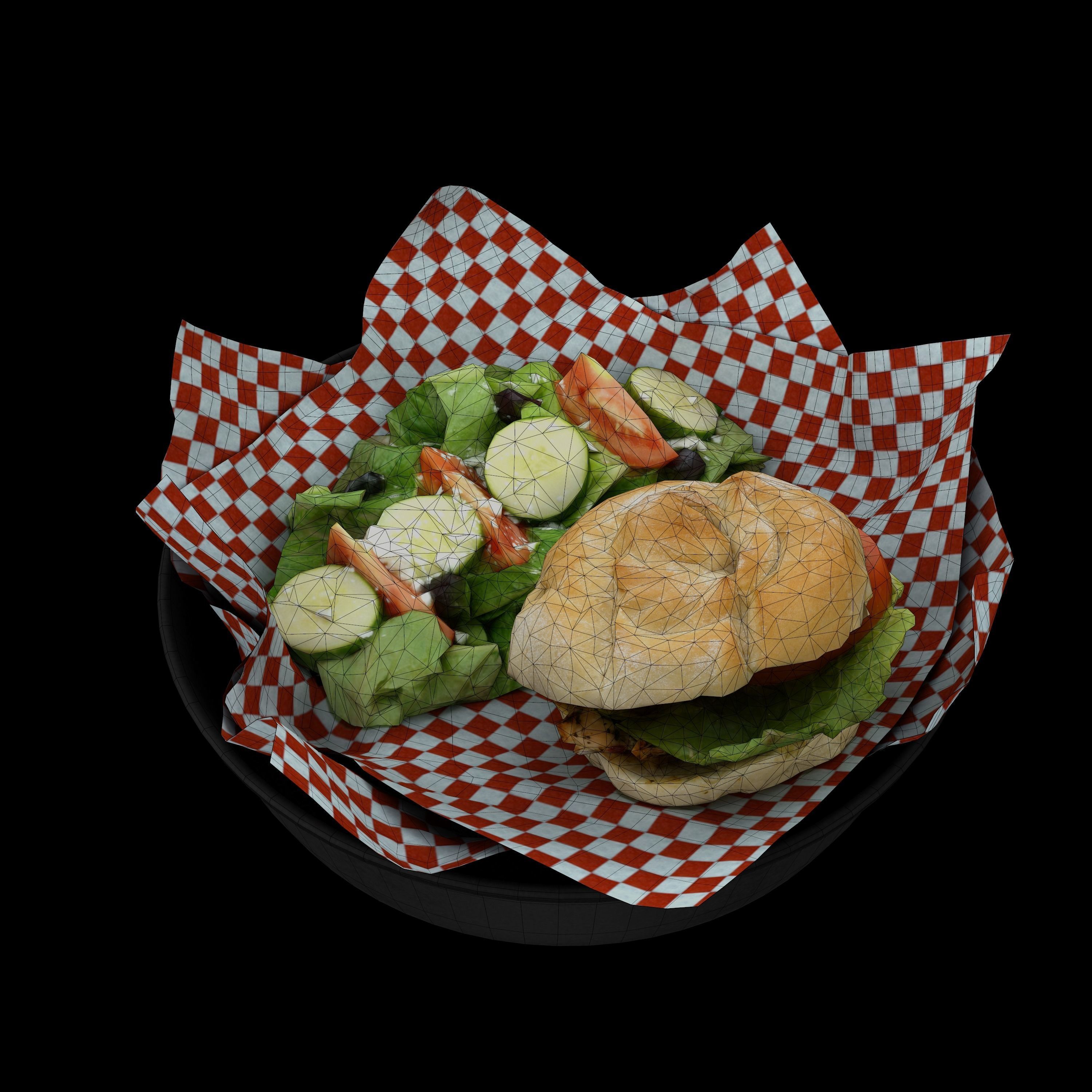 low poly model of burger with greek salad Low-poly 3D model_15