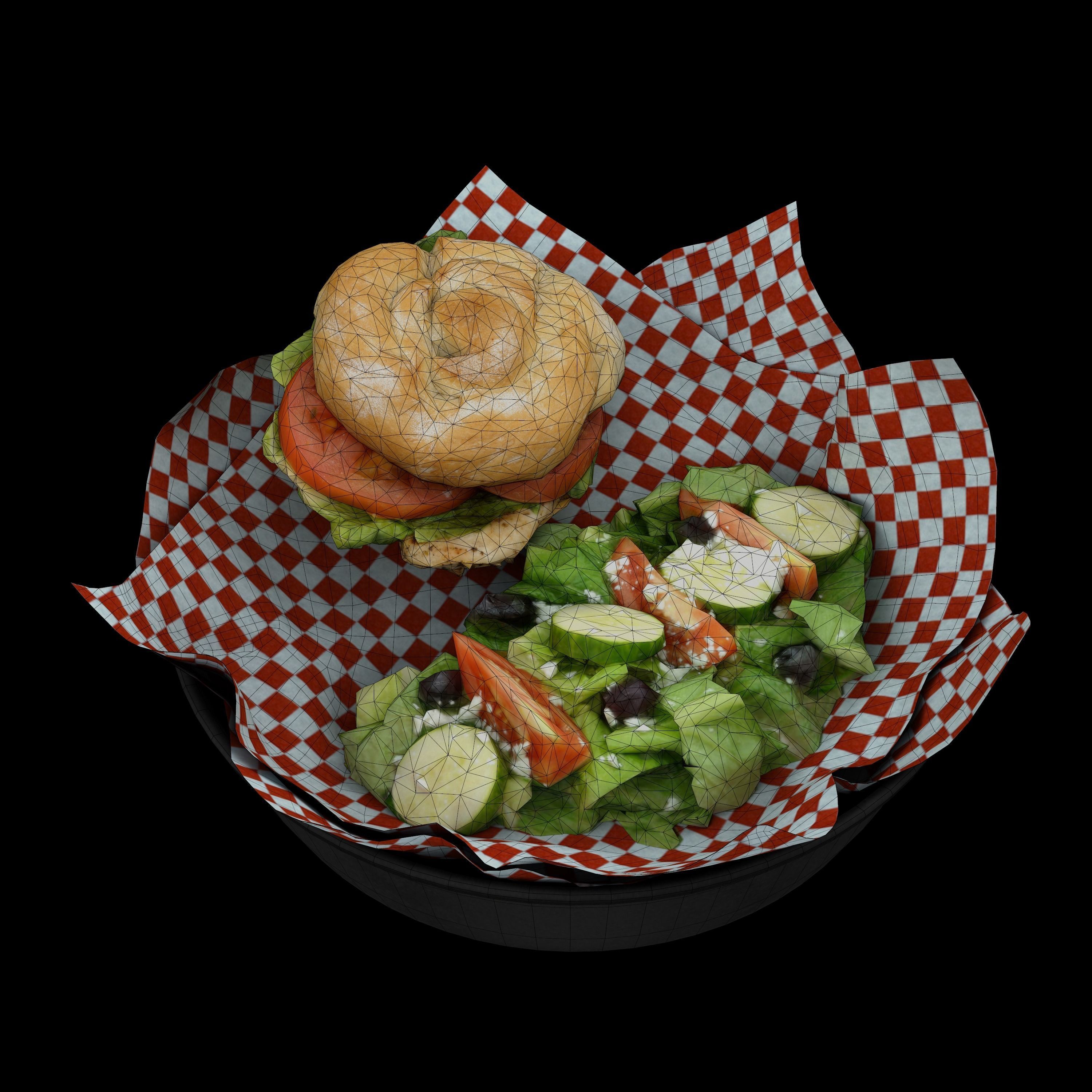 low poly model of burger with greek salad Low-poly 3D model_7