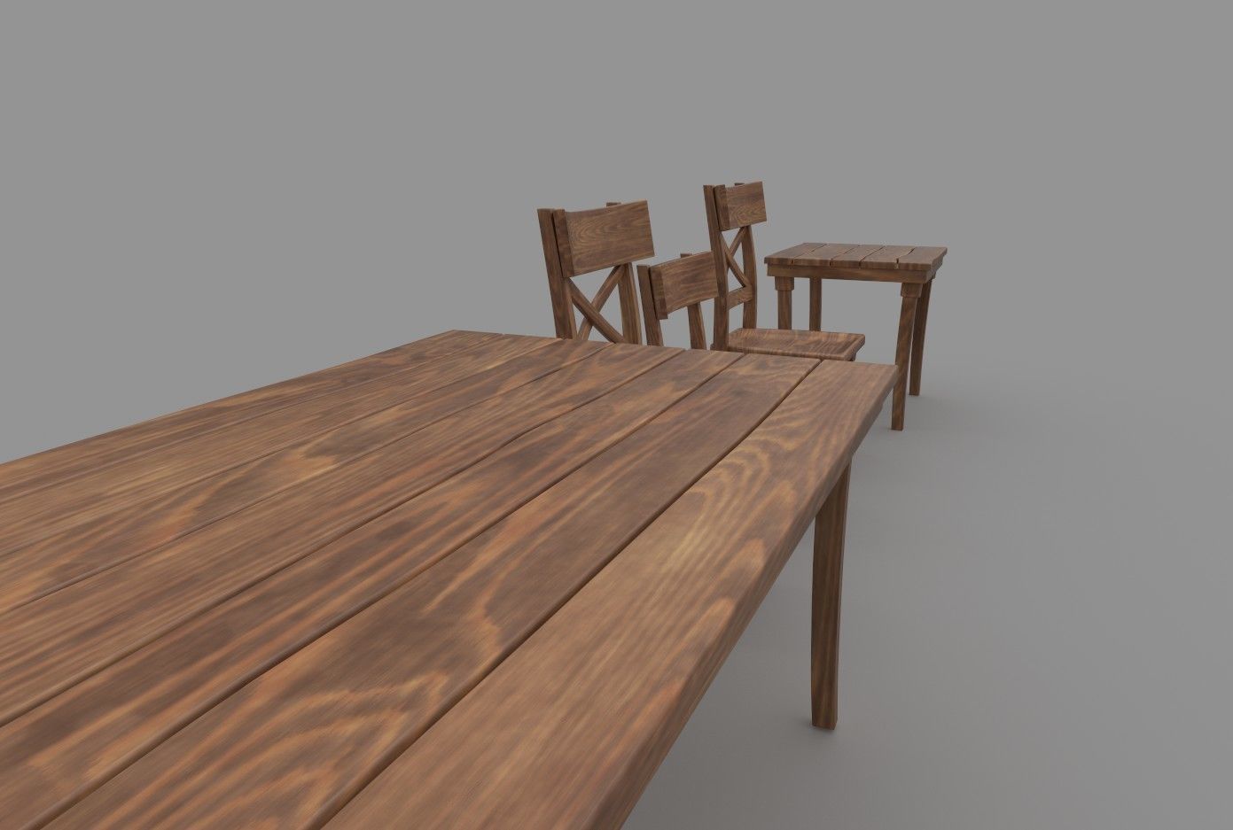 Wooden Tavern Table and Chairs 3D model_4