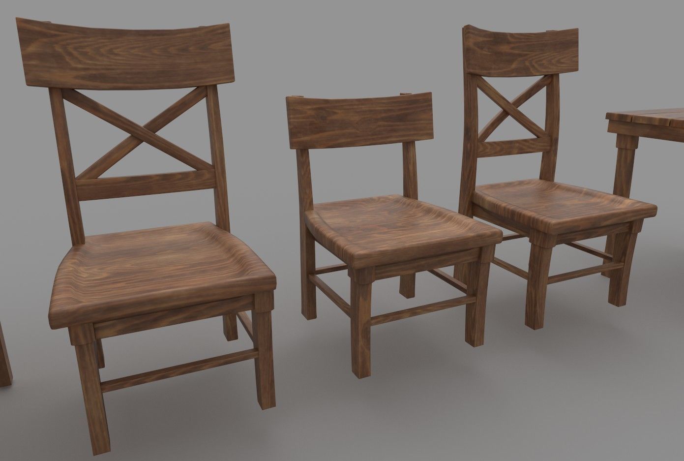 Wooden Tavern Table and Chairs 3D model_11