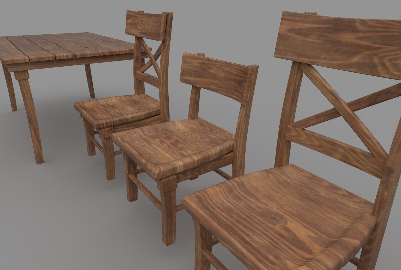 Wooden Tavern Table and Chairs 3D model_5