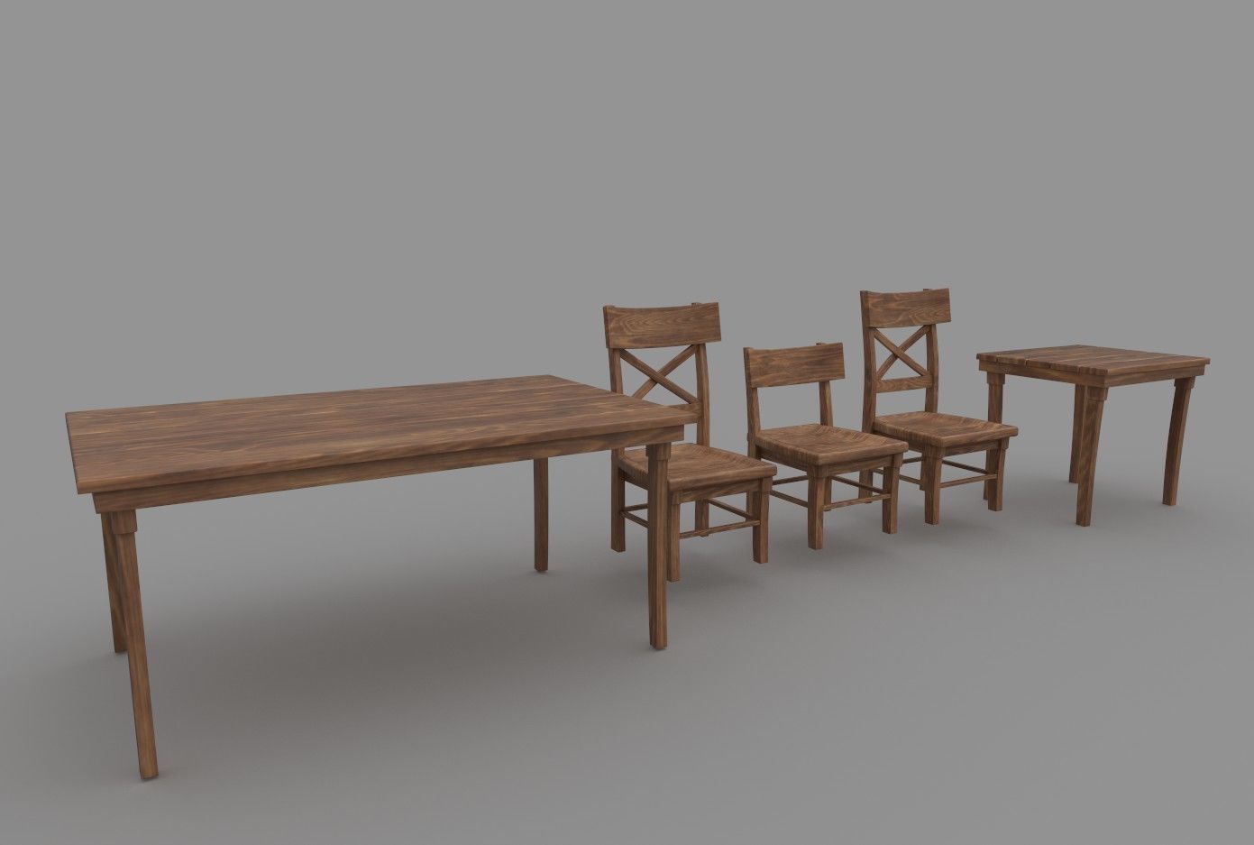Wooden Tavern Table and Chairs 3D model_1