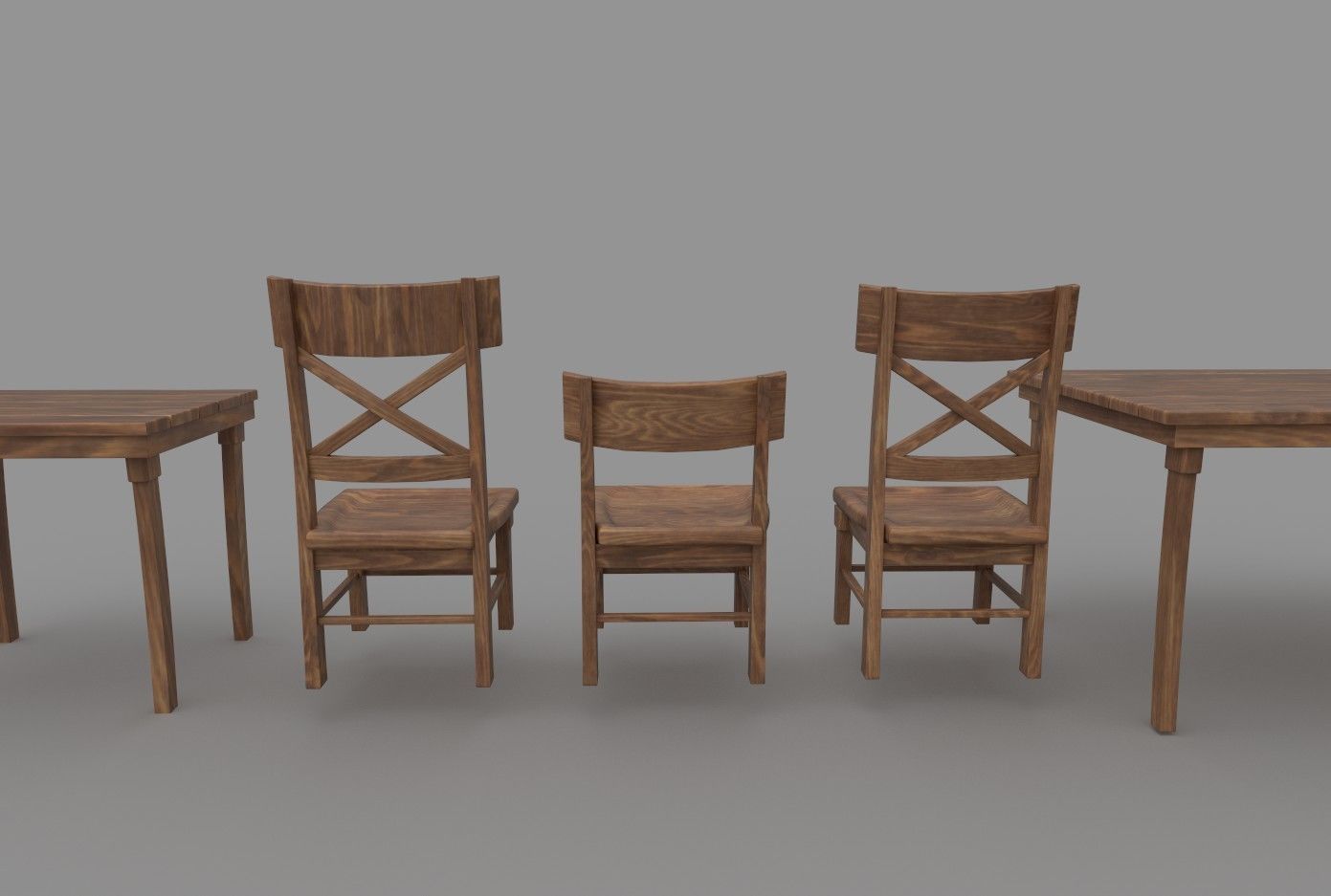 Wooden Tavern Table and Chairs 3D model_7