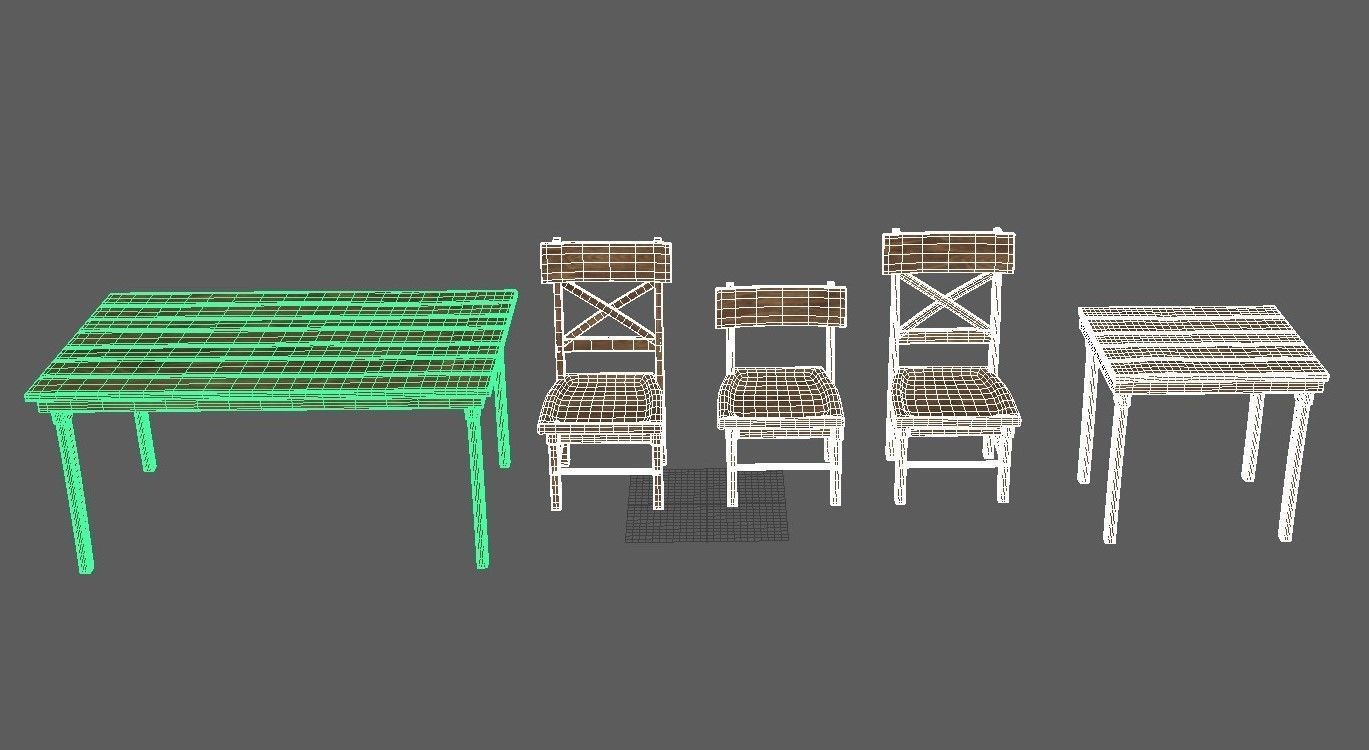 Wooden Tavern Table and Chairs 3D model_3