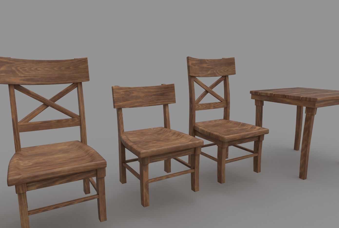 Wooden Tavern Table and Chairs 3D model_2