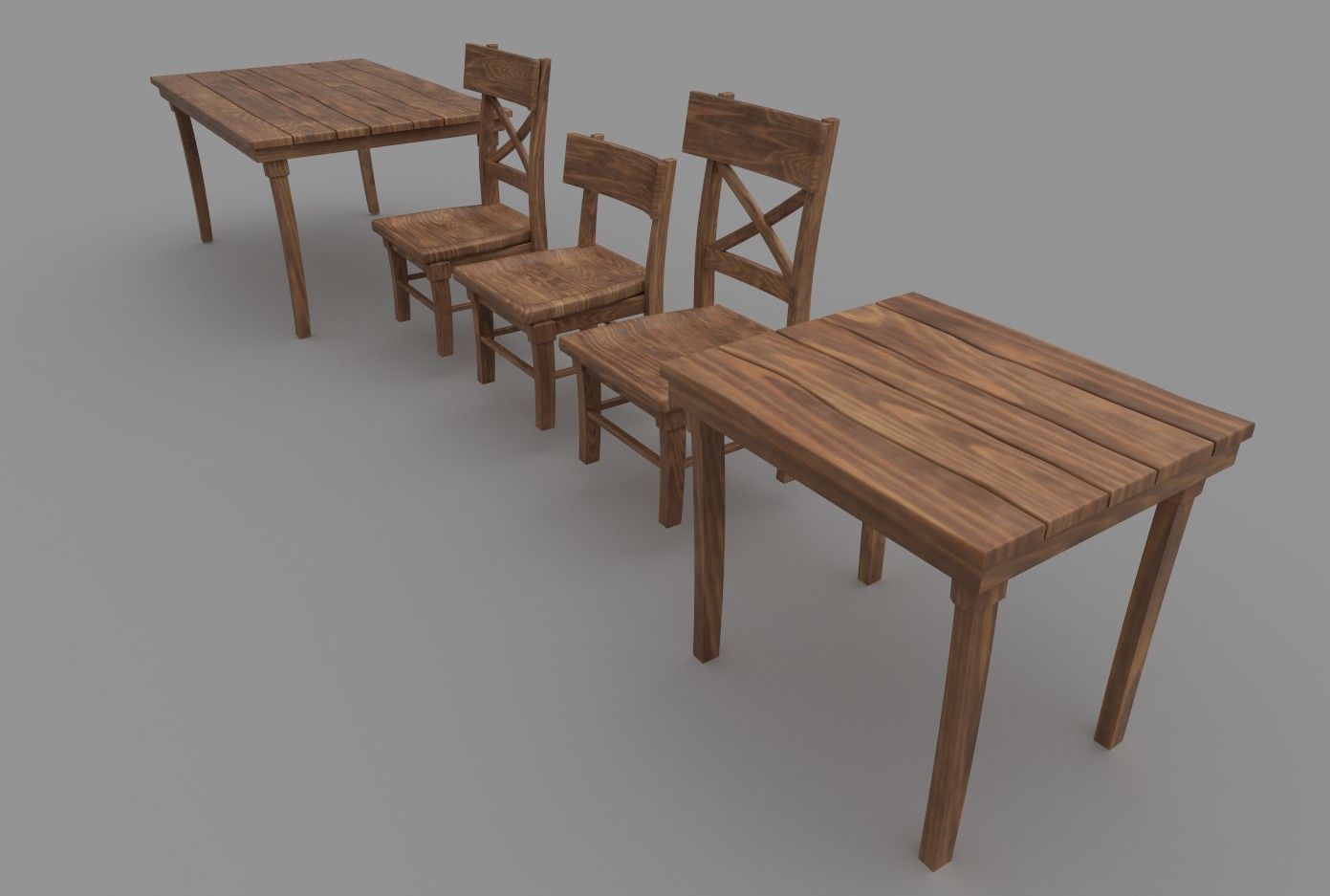 Wooden Tavern Table and Chairs 3D model_9