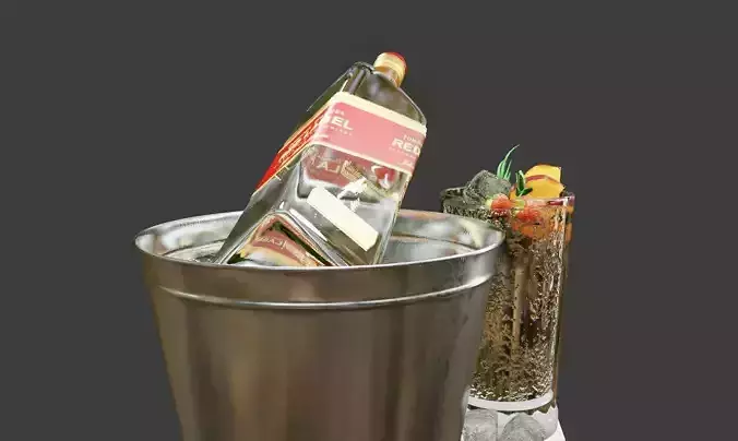 whiskey bottle with ice cubes an bucket