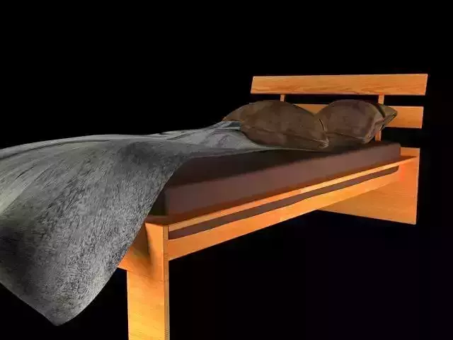 bed model wooden with pillows and blankets