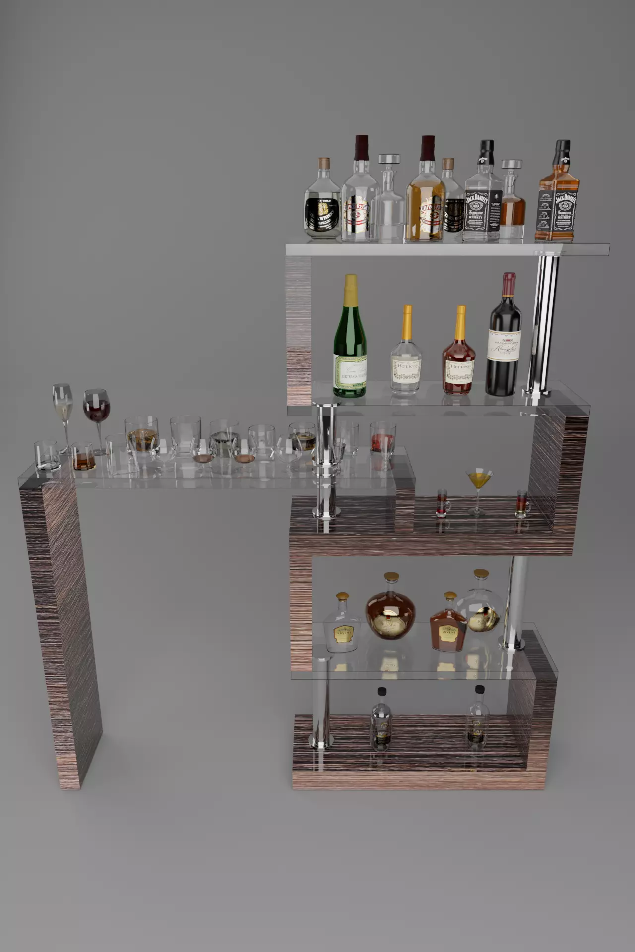 High poly set bottles with glasses 3D model