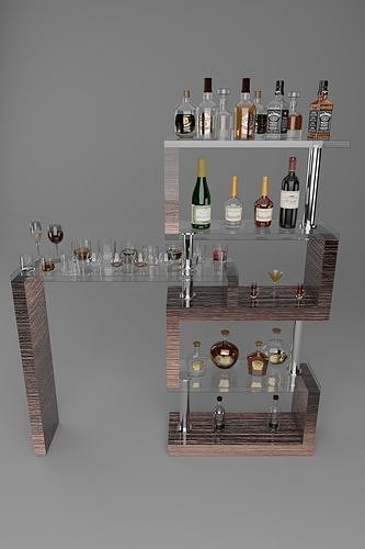 High poly set bottles with glasses 3D model