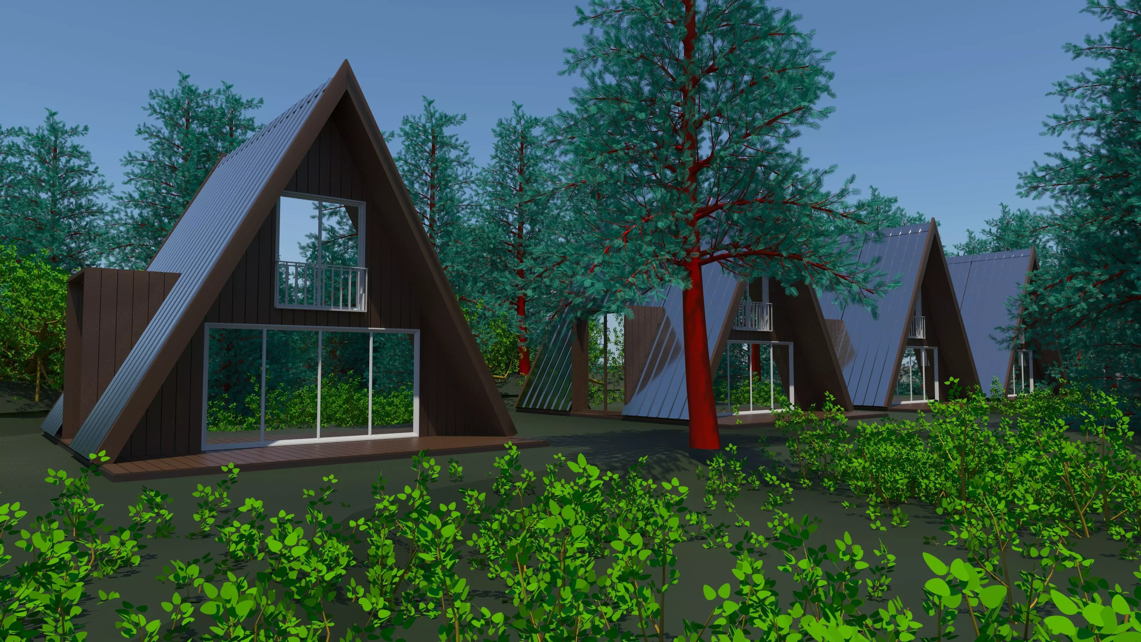 House 2 group of cabins in woods Free 3D model_0