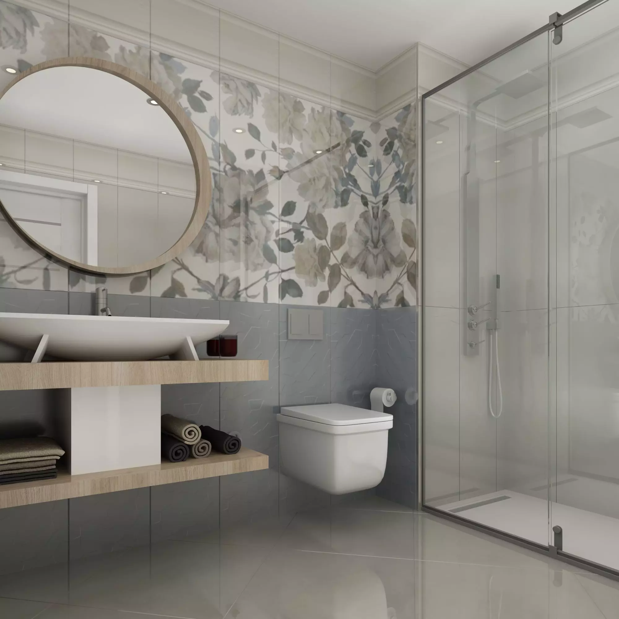 Bathroom 5 modern with floral wallpaper 3D model_0
