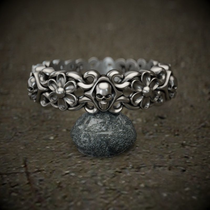 Ring-skull-flower ornate silver ring  3D print model_2