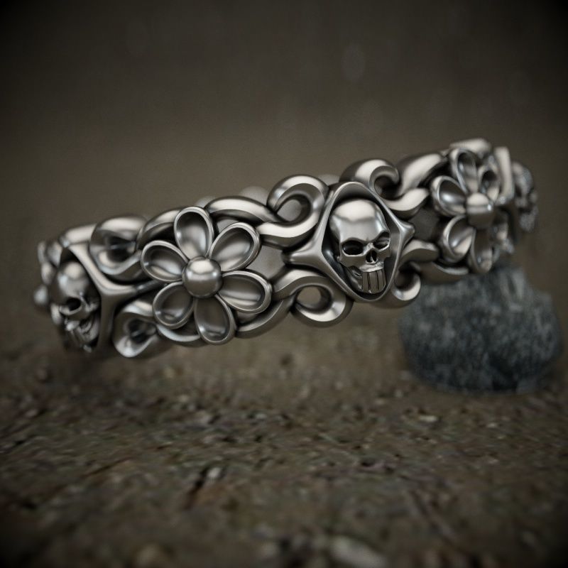 Ring-skull-flower ornate silver ring  3D print model_1