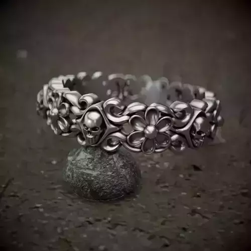 Ring-skull-flower ornate silver ring 
