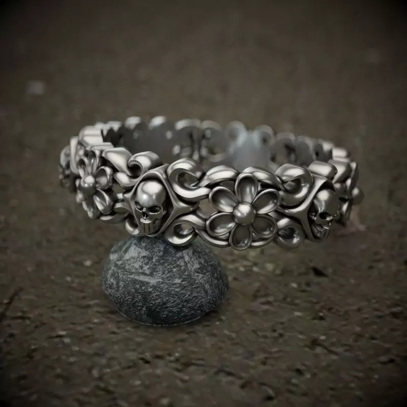 Ring-skull-flower ornate silver ring  3D print model_0