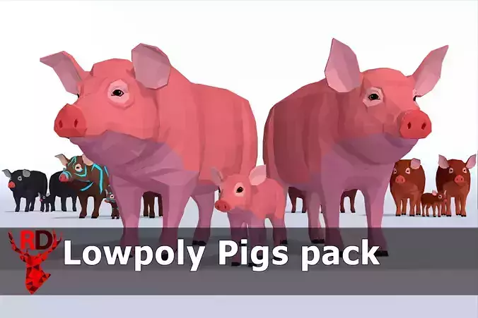 LowPoly Pigs pack Low-poly 3D model