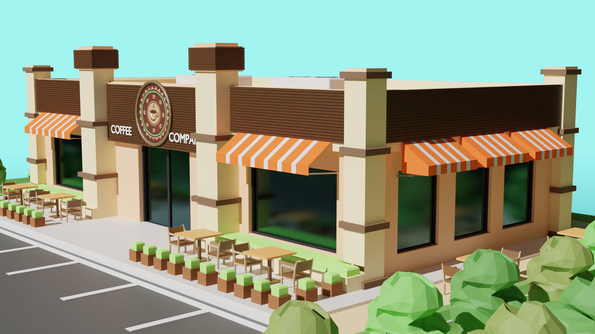 Low Poly Cafe Restaurant Low-poly 3D model_1