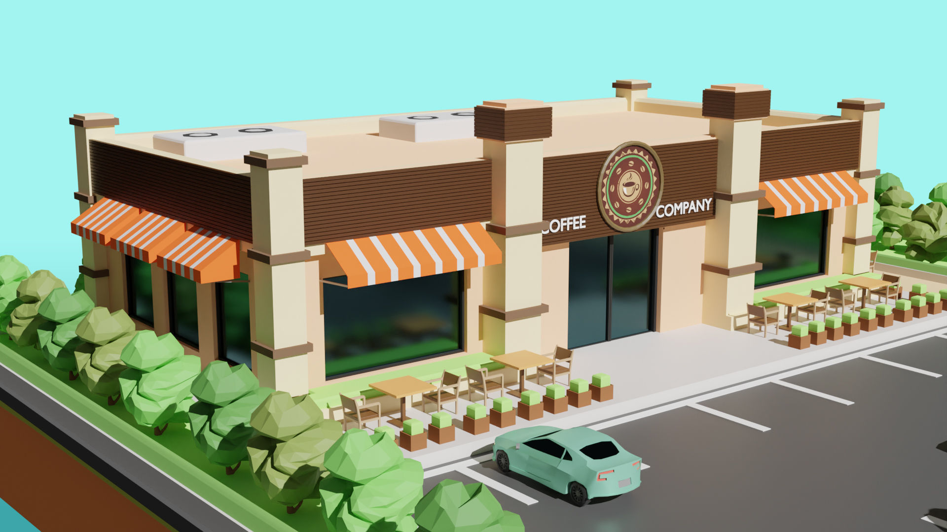Low Poly Cafe Restaurant Low-poly 3D model_2
