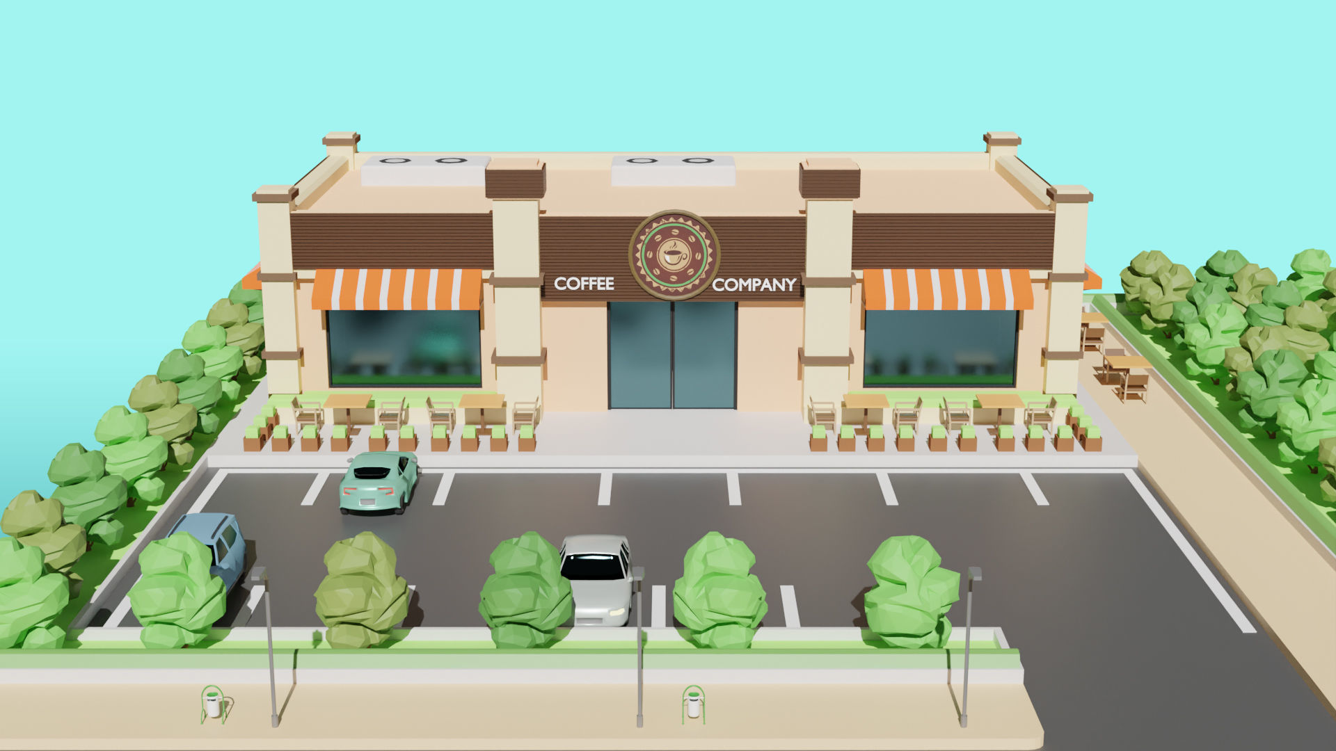 Low Poly Cafe Restaurant Low-poly 3D model_5