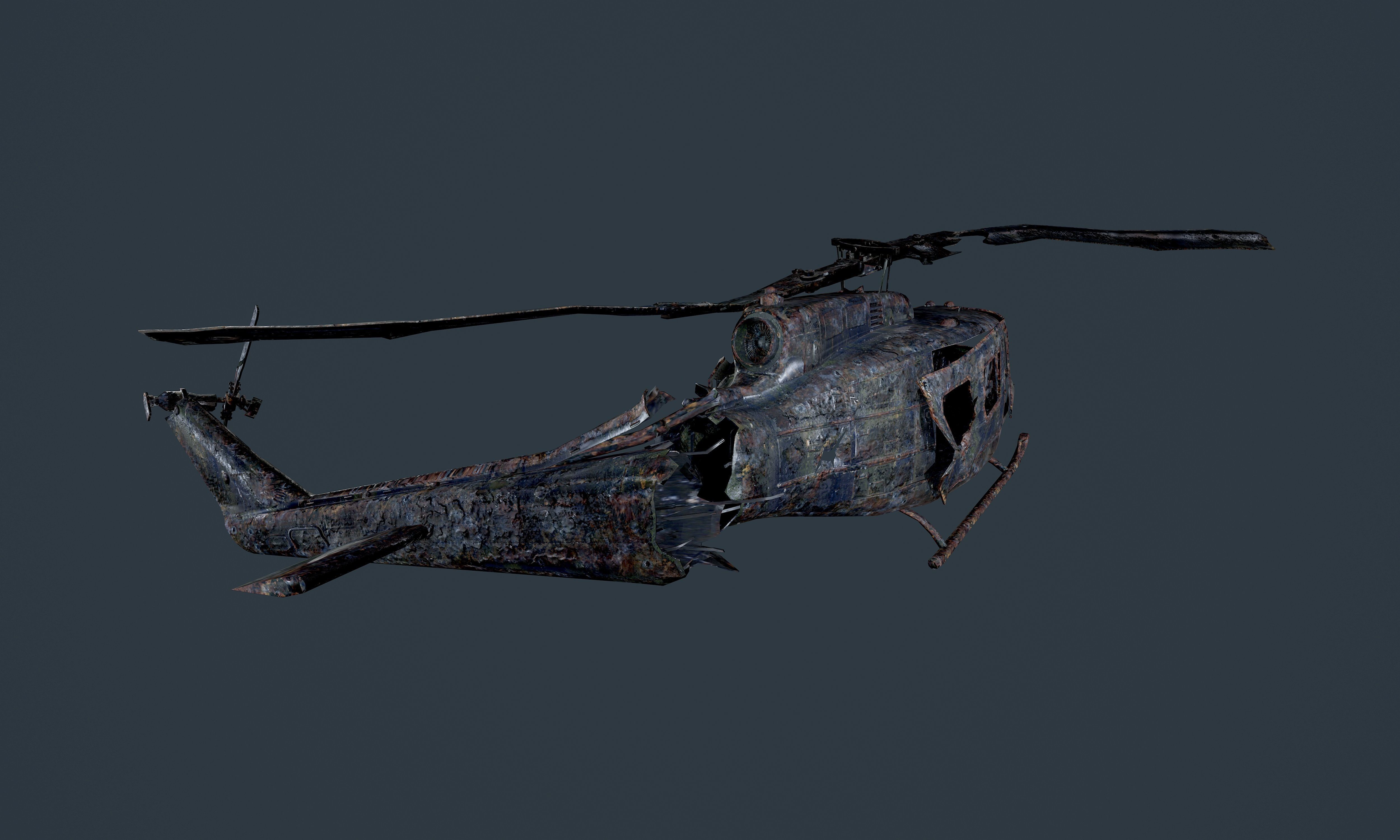 Wrecked Damaged UH1H Military Helicopter Game Ready Low-poly 3D model_1