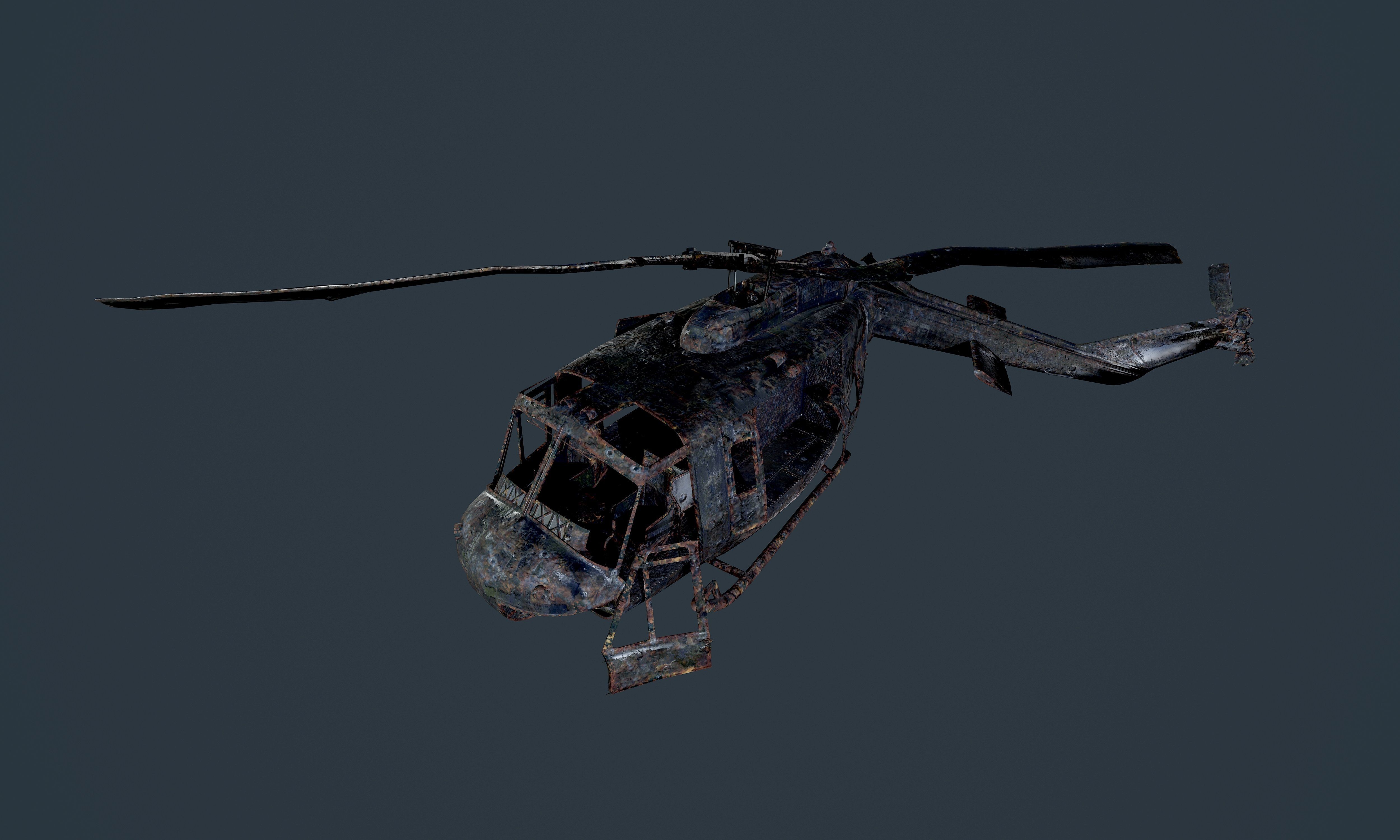Wrecked Damaged UH1H Military Helicopter Game Ready Low-poly 3D model_3