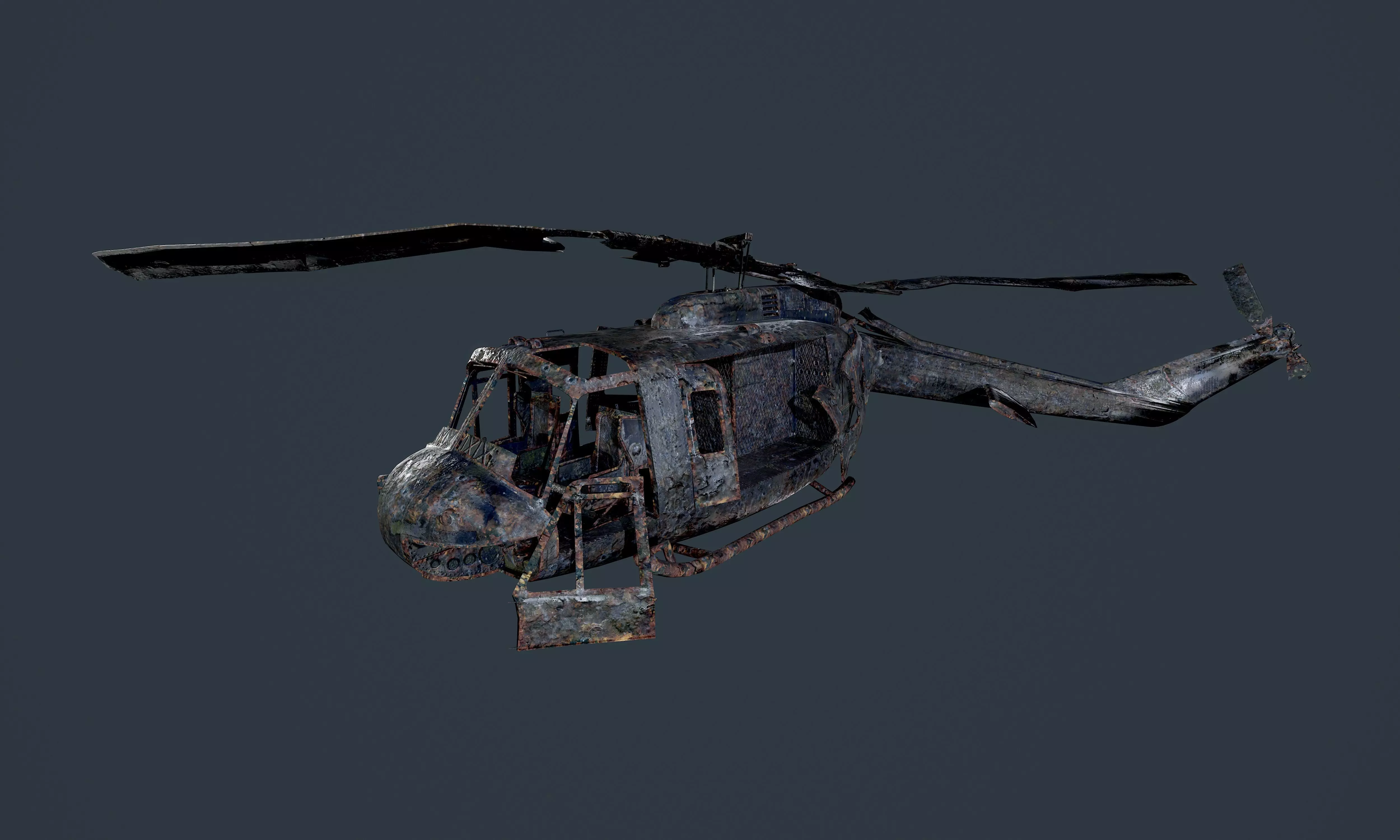 Wrecked Damaged UH1H Military Helicopter Game Ready Low-poly 3D model_0