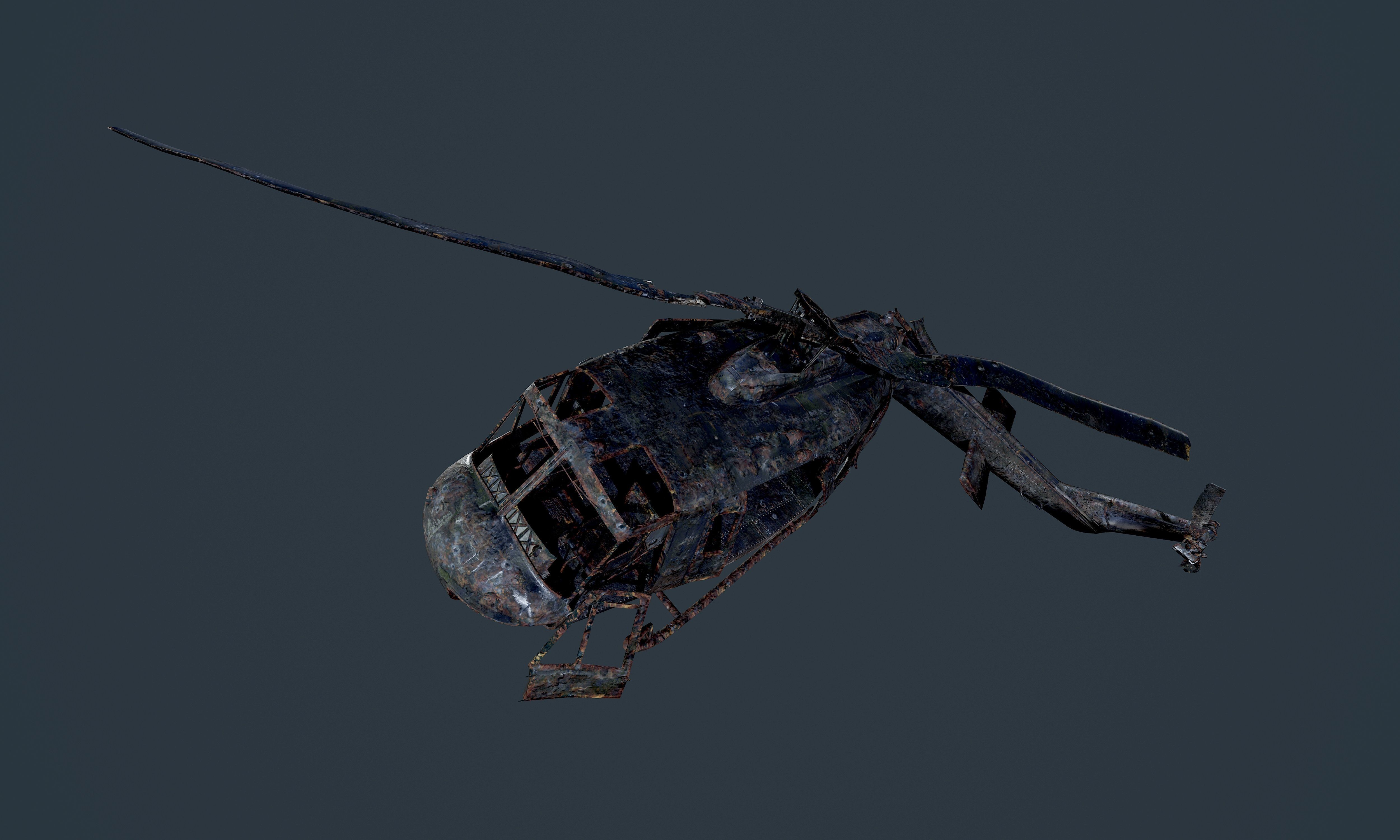 Wrecked Damaged UH1H Military Helicopter Game Ready Low-poly 3D model_4