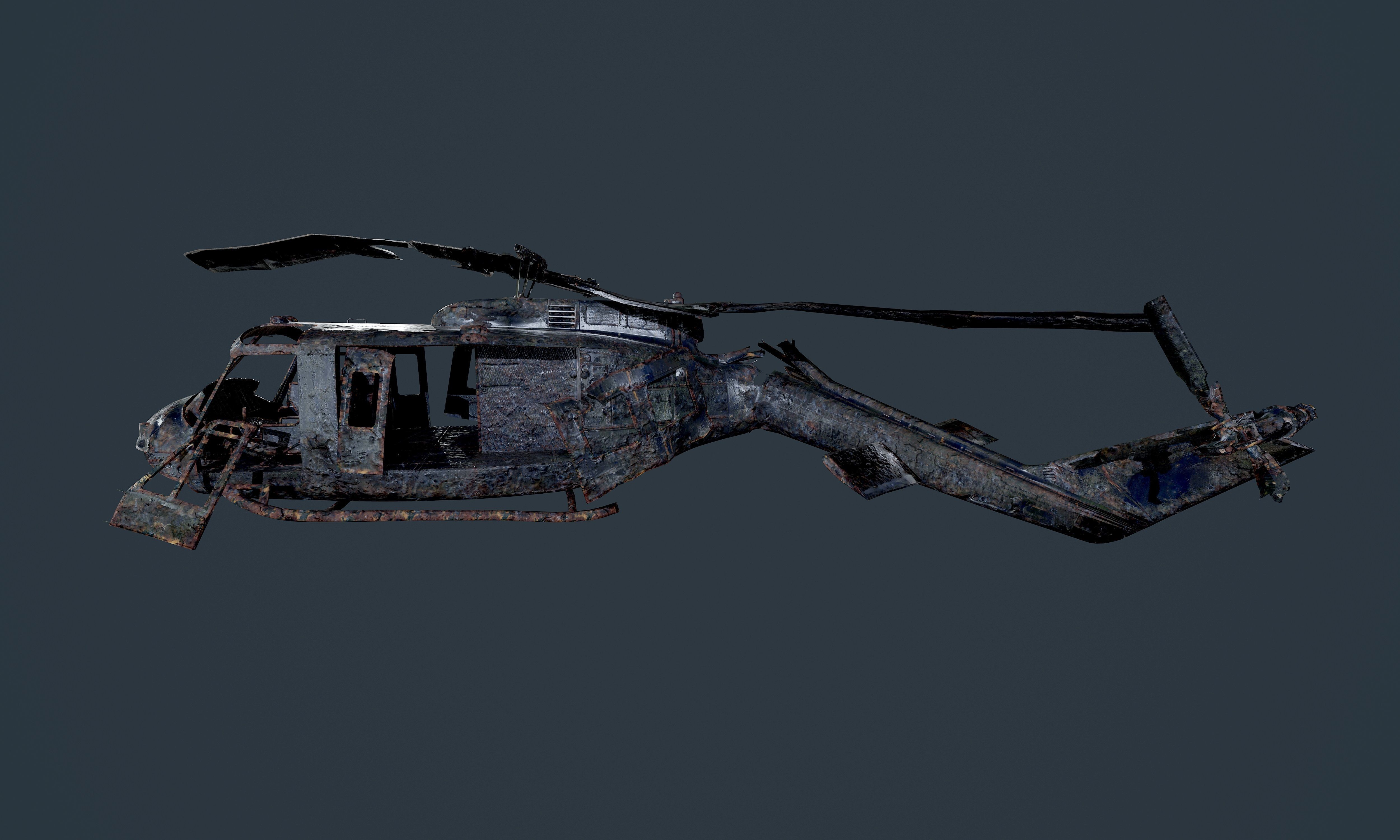 Wrecked Damaged UH1H Military Helicopter Game Ready Low-poly 3D model_2