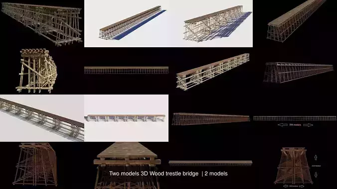 Two models 3D Wood trestle bridge 