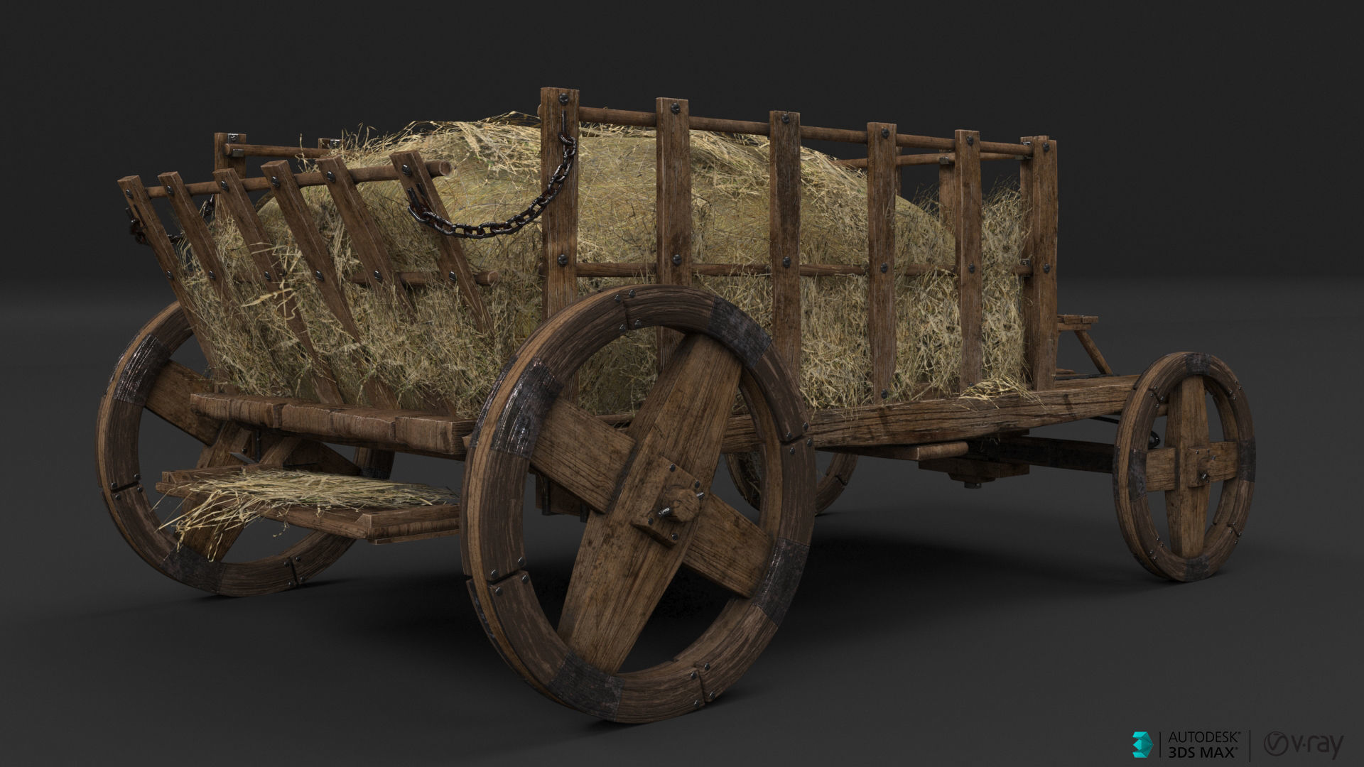Antique Vintage Rustic Wooden Cart Low-poly 3D model_9