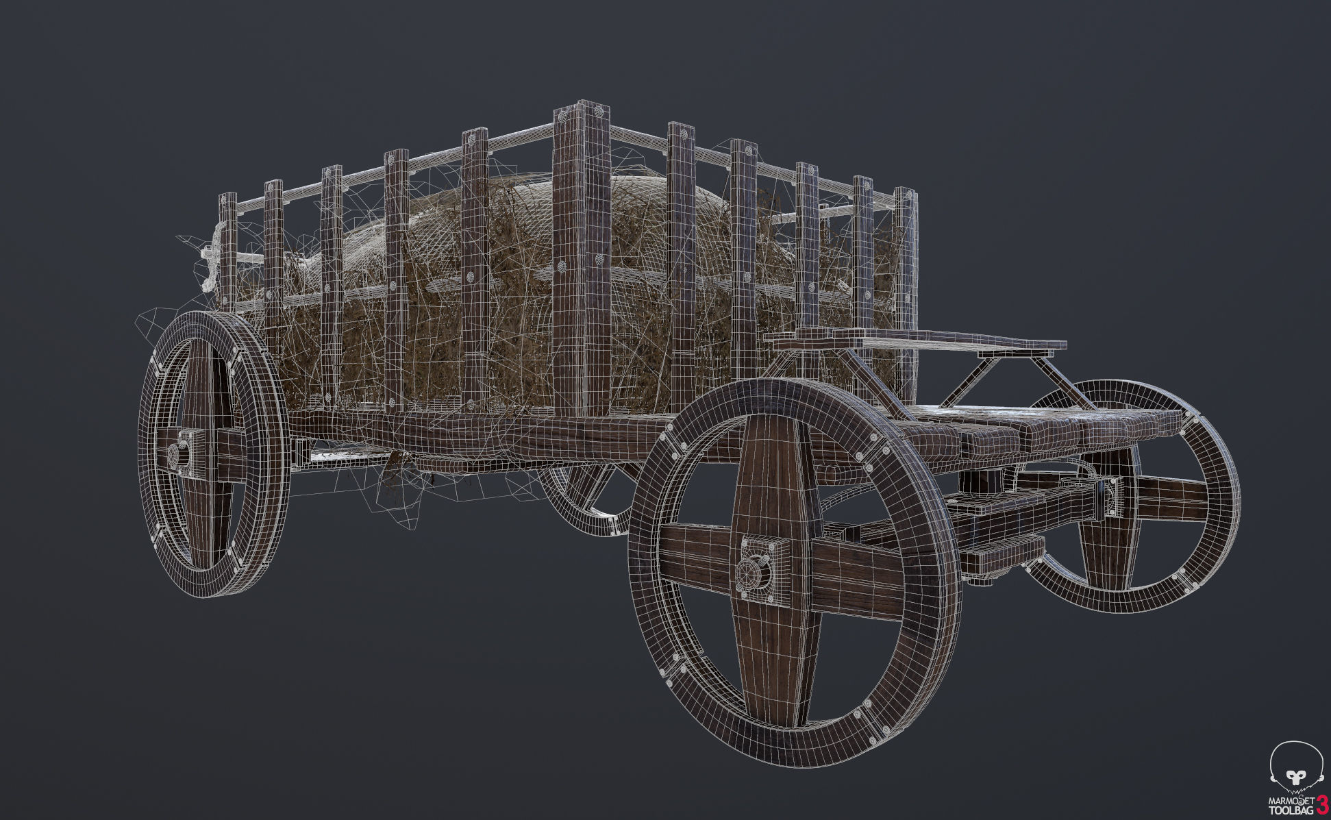 Antique Vintage Rustic Wooden Cart Low-poly 3D model_4