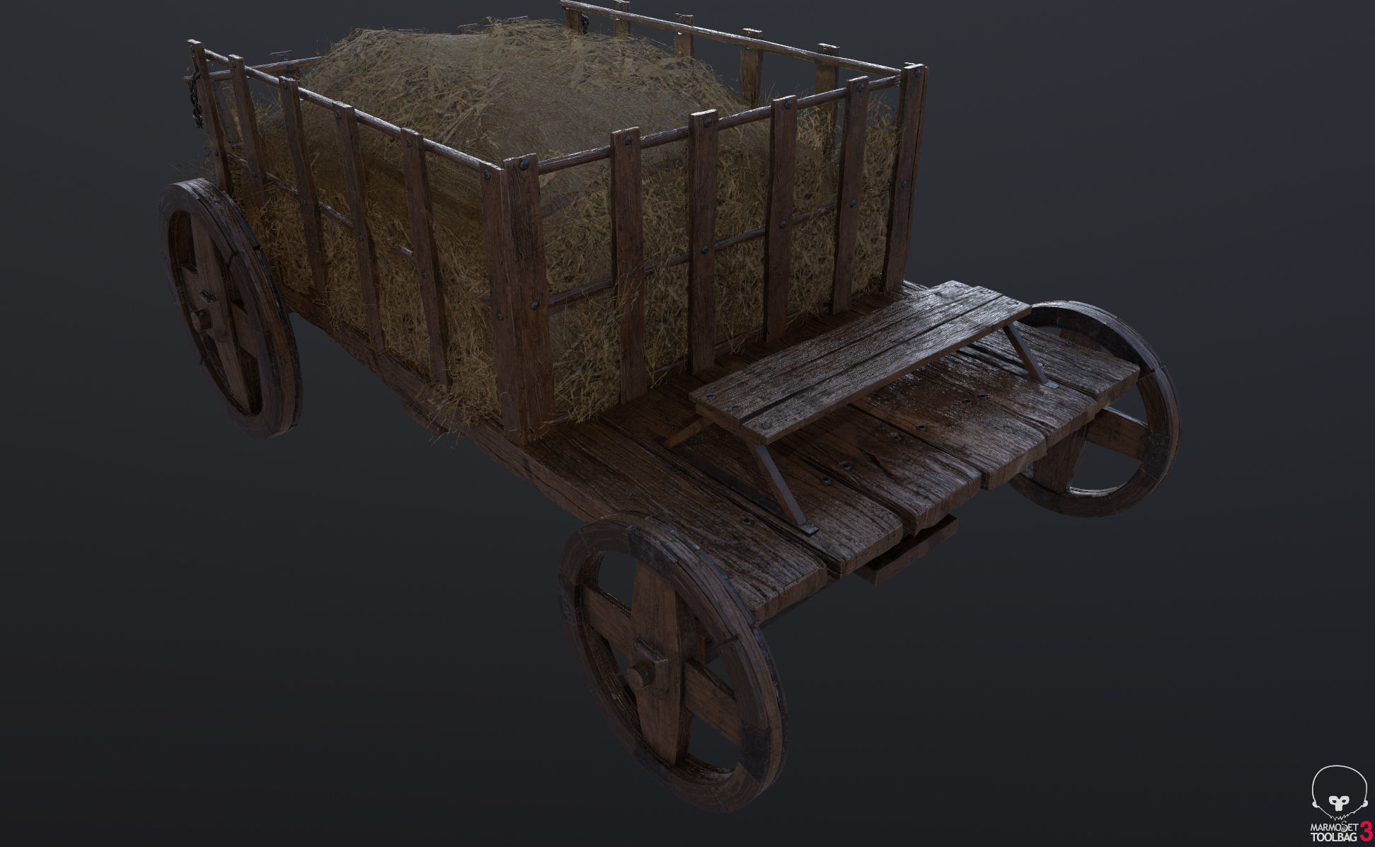 Antique Vintage Rustic Wooden Cart Low-poly 3D model_12