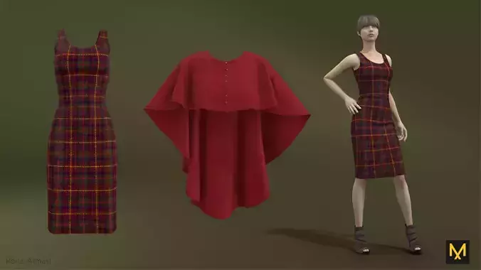 poncho woman in plaid dress